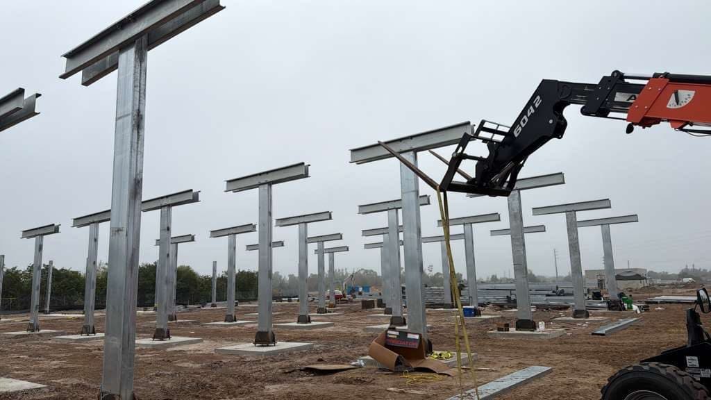 Steel columns going up on a commercial job site