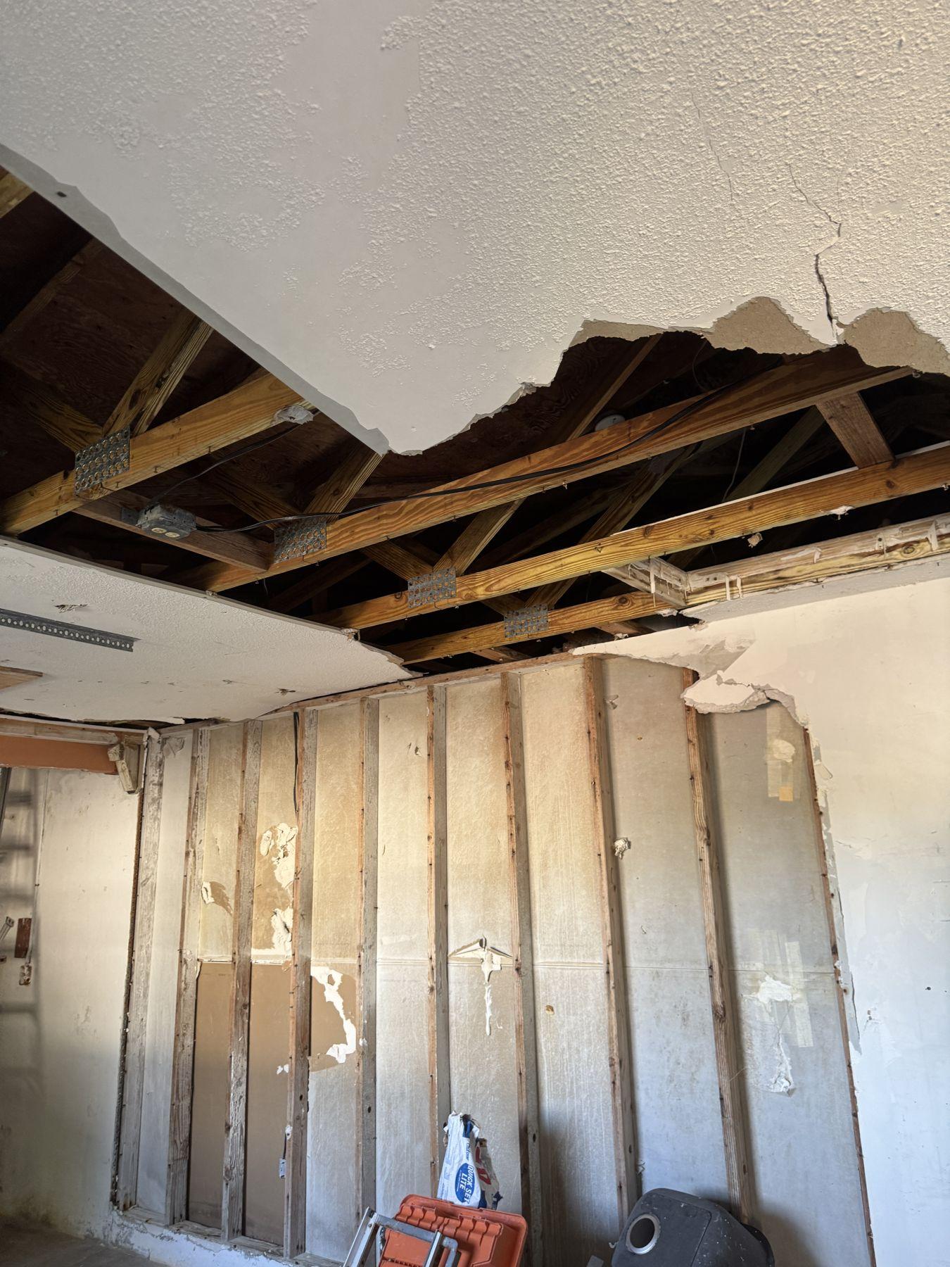 Ceiling and walls opened during demolition