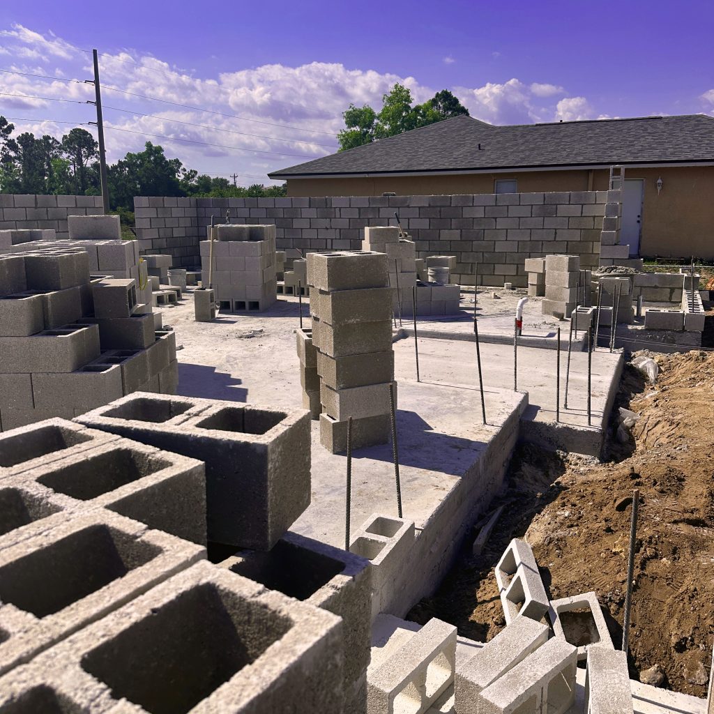 Concrete block stem wall with rebar during new home construction in Lee County, Florida